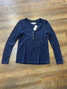 LOFT Navy Long Sleeve Waffle Henley Top